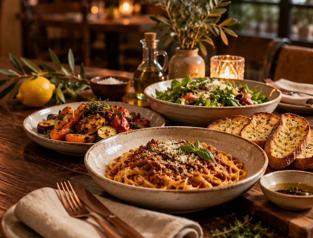 Illustrated rustic meal on a restaurant table